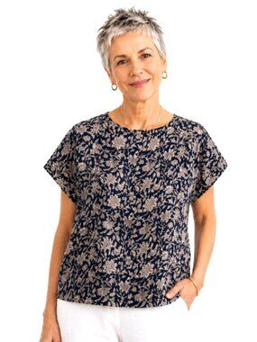 Pure Jill 100% Linen Navy Blue Lavender Floral Top